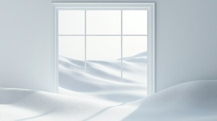 Modern residential window view of snowy background,Snowy glittering winter landscape with space for products and decorations,Happy christmas time,snowfall,snow landscape,copy space.