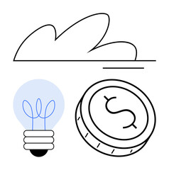 Light bulb with blue filament, coin with dollar sign, and stylized cloud. Ideal for business ideas, innovation, finance, startup concepts, technology economic growth online services. Line metaphor