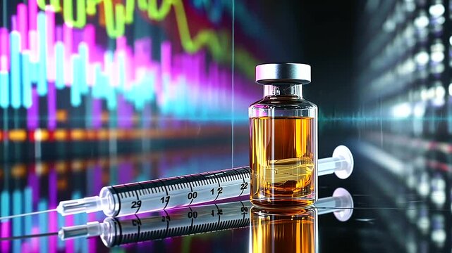 A detailed view of a GLP- vial and syringe resting on a reflective surface, with a colorful growth chart projected above them