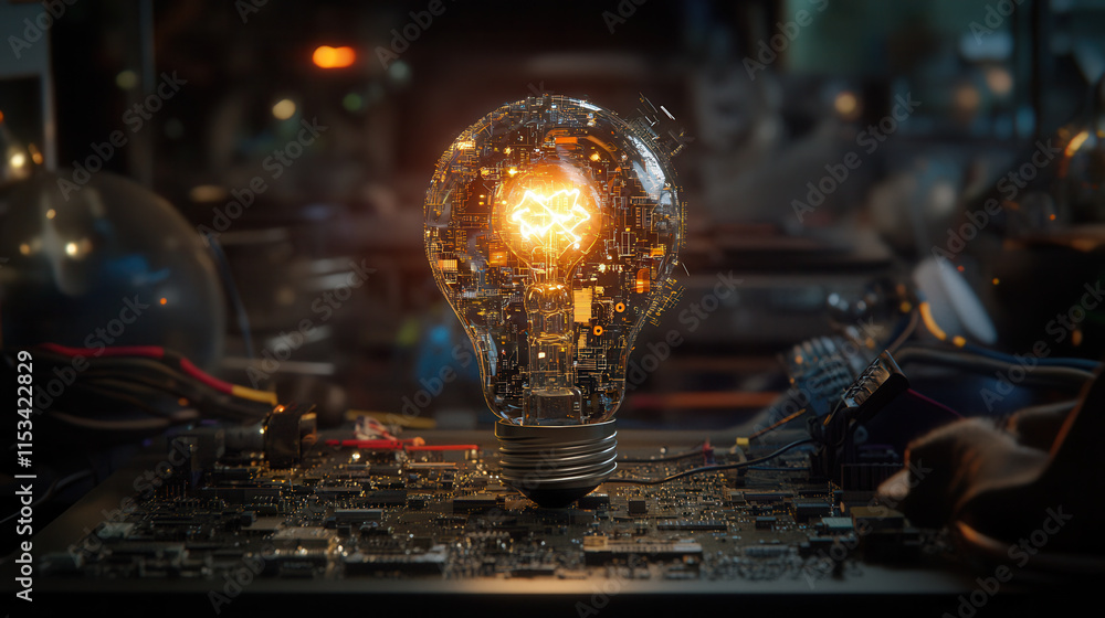 Poster conceptual image of light bulb made of digital circuits, symbolizing innovation and technology