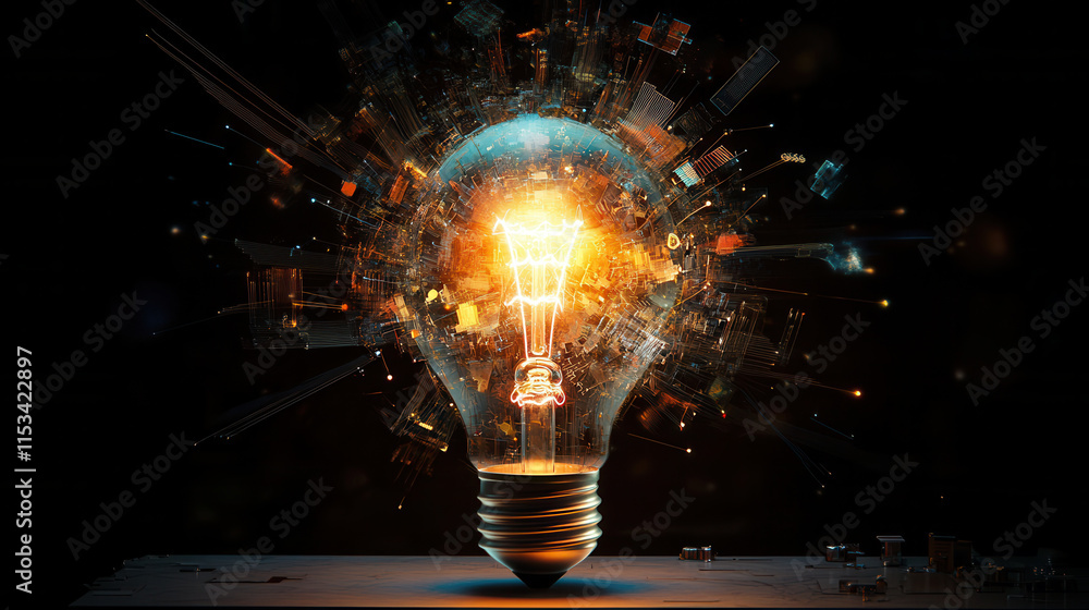 Poster conceptual image of light bulb with digital elements and glowing effects, symbolizing innovation and