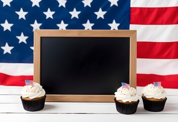 A chalkboard with American flags and cupcakes