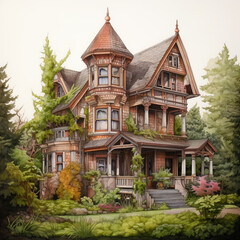 Detailed color illustration of an old wooden Victorian house with complex architectural elements, steep roofs and a porch. Surrounded by lush greenery on a white transparent background 