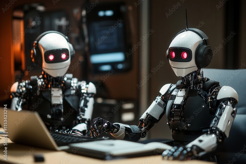 Poster two robots working with a laptop in office environment