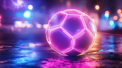 Fototapeta premium Neon Soccer Ball Glows Vividly at Night. AI Generated