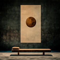 Minimalist Interior  Beige Bench  Moon Art  Dark Wall