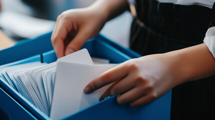 Hands pulling flashcards from a blue box for foreign word learning and study process organization