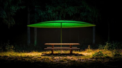 Naklejka premium Serene Night Picnic Wooden Table Green Umbrella Forest