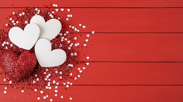 A vibrant composition of red glitter hearts and white heart cutouts scattered over a red wooden surface, symbolizing love and celebration. Valentine's Day, anniversaries and romantic mood
