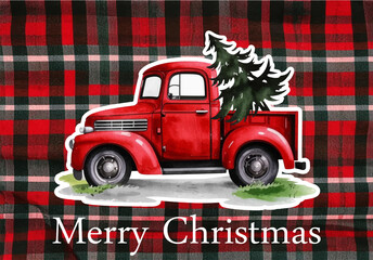 Merry Christmas Old Truck with Evergreen spruce pine fir.Red  Checkered Quilt Gingham Buffalo Lumberjack tartan plaid pattern background.Watercolor Print.Greeting Card .New Year.Holidays.Winter decor.