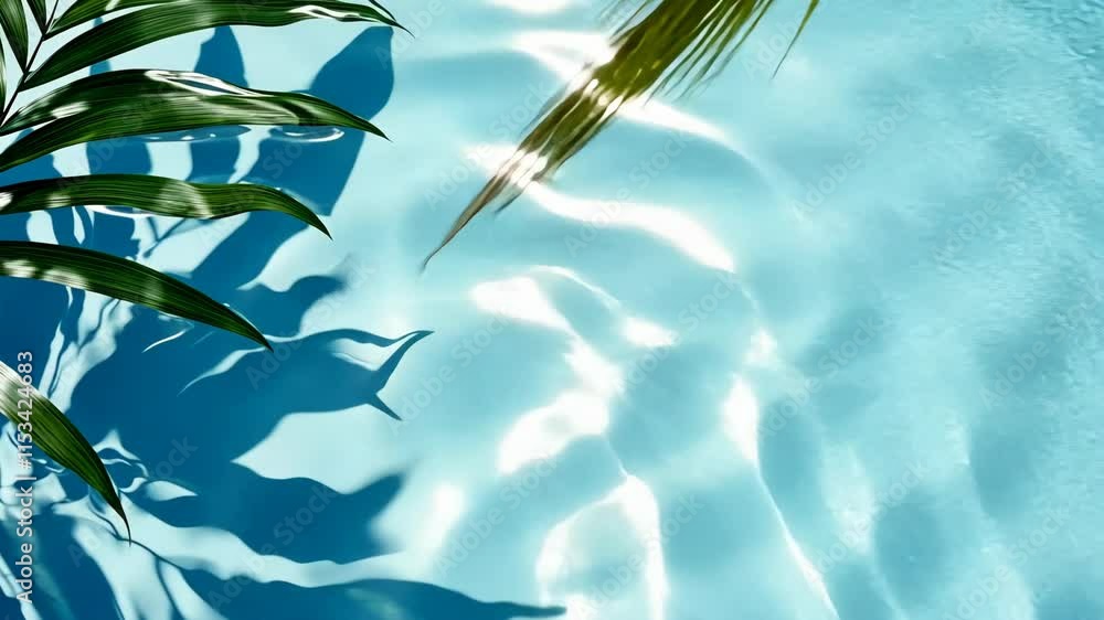 Poster tranquil summer scene with palm leaf shadow on rippling turquoise water pool surface copy space for 