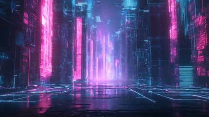 Neon Cityscape: Vivid 3D Render of a Futuristic, Glowing Metropolis. AI Generated