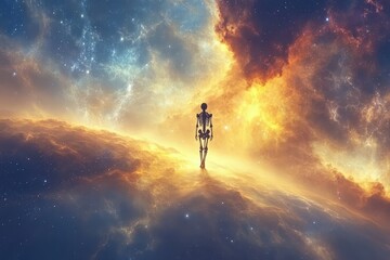 Fototapeta premium A skeletal figure stands in a vibrant cosmic scene, surrounded by swirling galaxies and nebulae in hues of orange, blue, and purple.
