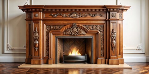 Victorian Wooden Fireplace Surround, White Walls, Wooden Floor - Stock Photo