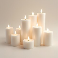 Nine Glowing White Candles Lit on Warm Toned Surface Mood Setting