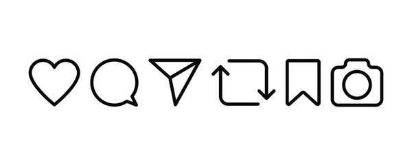 Social media Interface Icons set. Black and white social Media Icon. Home, Search, Upload, Reels, Profil, other. Web Flat Icon