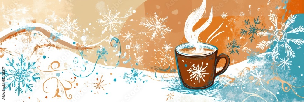 Poster charming winter doodle featuring a steaming mug of hot chocolate on a snowy background with decorati