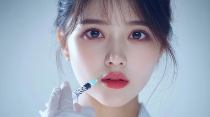 Doctor is making an injection filler in lips,Young beautiful woman getting botox injection,Plastic Surgery, Cosmetic Treatment,rhinoplasty in clinic.