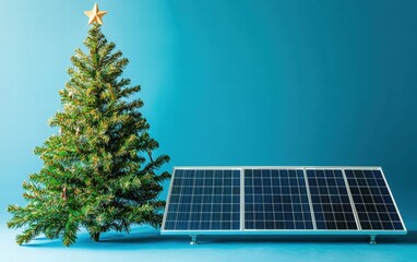 christmass tree and solar panel on blue background