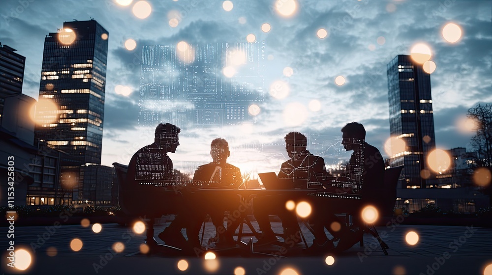 Aufkleber silhouettes of business people walking through a modern city, combined with digital graphs in a ligh