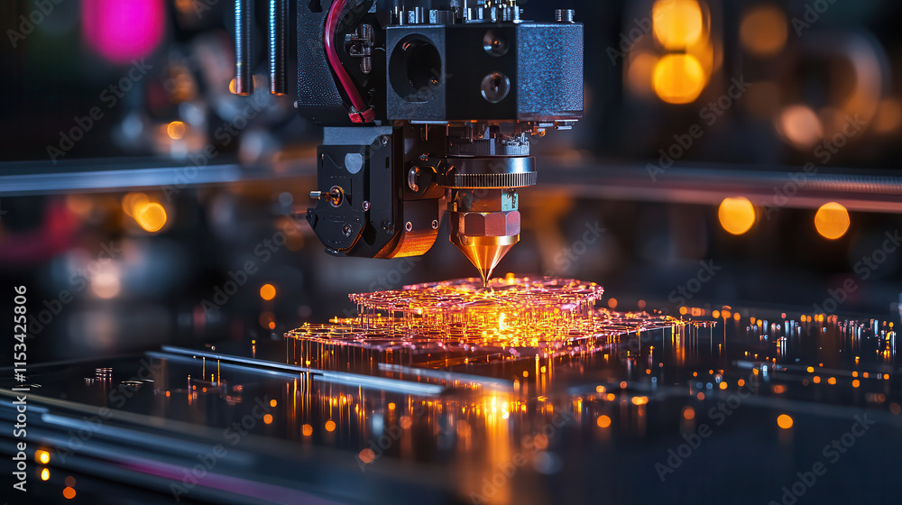 Poster glowing 3d printer creating complex design with intricate details, showcasing advanced technology an