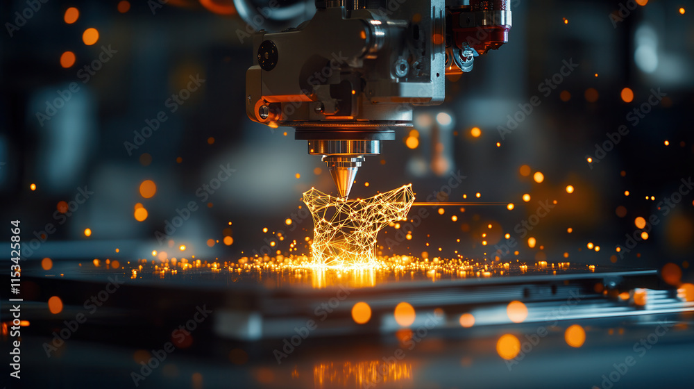Poster glowing 3d printer creating complex design with intricate details, showcasing innovation and technol