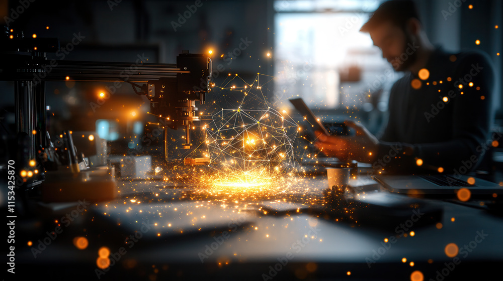 Poster glowing 3d printer creating complex design in modern workspace. atmosphere is filled with sparks of 