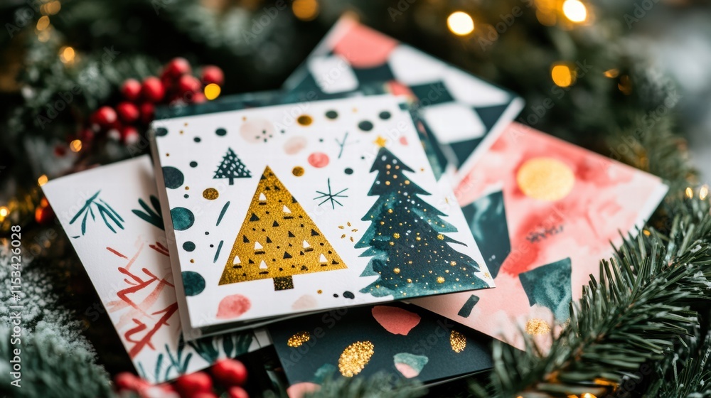 Poster colorful christmas cards designed with festive patterns and decorations surrounded by greenery and l