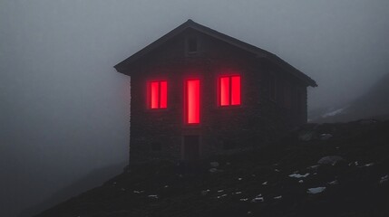 Red-lit stone house on foggy mountain.
