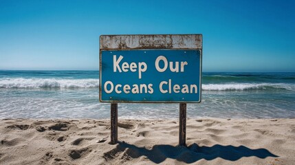 Keep Our Oceans Clean Sign On Sandy Beach