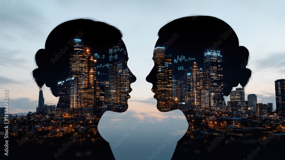 Aufkleber silhouettes of business people walking through a modern city, combined with digital graphs in a ligh