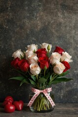 bouquet of red and white roses in a vase, valentine's day