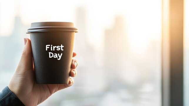 Inspirational Coffee Cup with Text First Day Held by Person in Morning Light, Symbolizing New Beginnings, Motivation, and Daily Rituals in Urban Environment