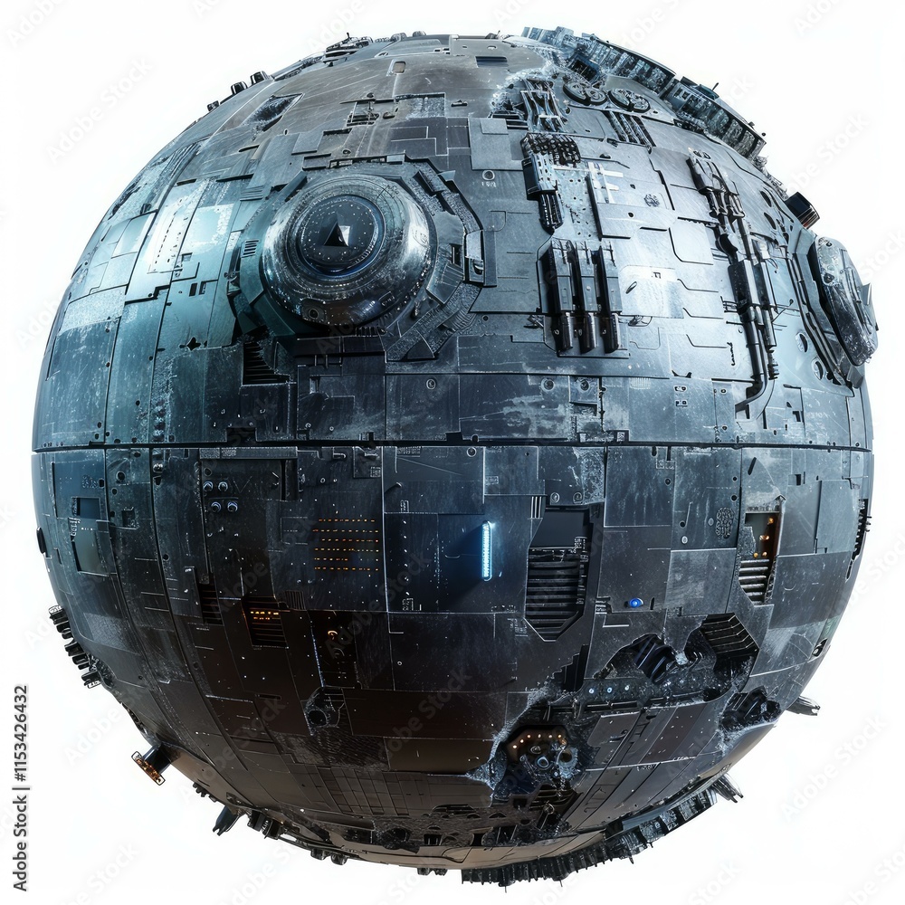 Poster futuristic spherical spaceship floating in empty space with intricate mechanical details and glowing