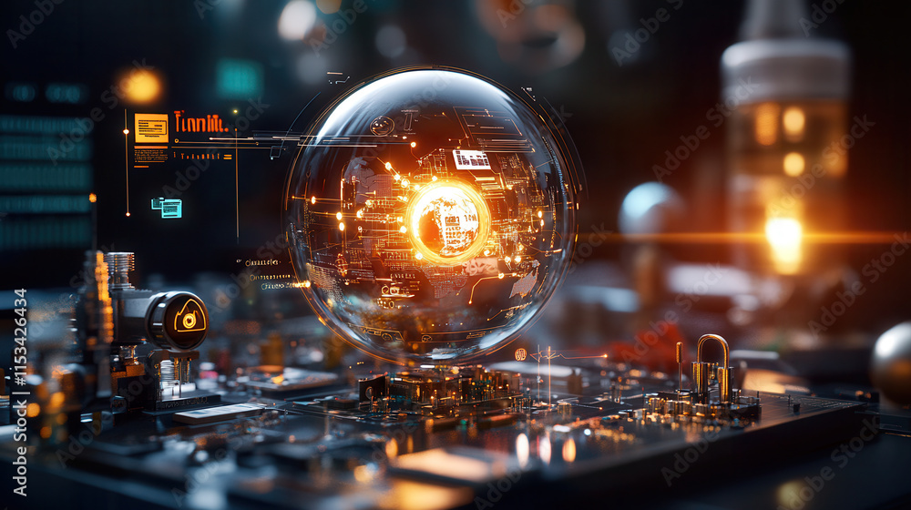 Poster glowing digital globe surrounded by technology icons and circuits, symbolizing innovation and connec