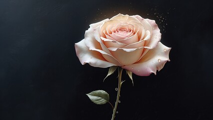 A delicate hand-drawn illustration of a single blooming rose, its soft petal-like curves unfurling from a slender stem, against a deep matte black background