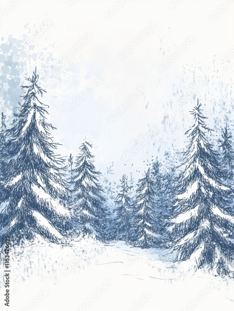 Fototapete winter themed doodle featuring snow covered trees in a serene forest setting with a light snowfall. 