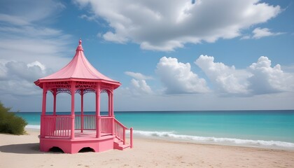Fototapeta premium A gazebo on a sandy beach with turquoise blue water and a cloudy sky in the background