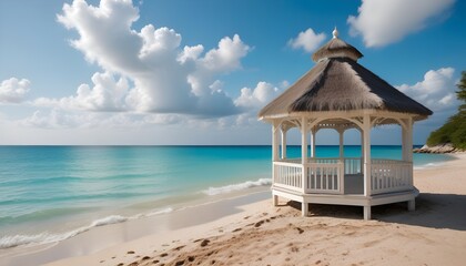 Fototapeta premium A gazebo on a sandy beach with turquoise blue water and a cloudy sky in the background
