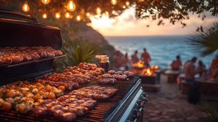 BBQ event with friends near the shoreline, flags fluttering, and grilled food creating a festive mood