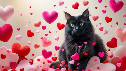 A stunning black cat with shimmering fur and piercing green eyes sits serenely amidst a swirl of bright Valentine's Day hearts of varying sizes, shapes and colors