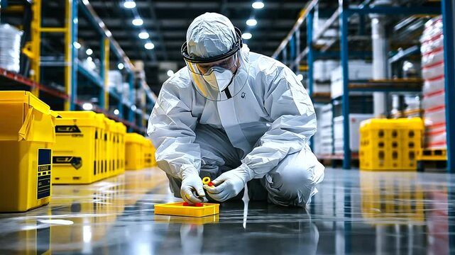 A person dressed in protective white gear and face shield sealing a hazardous material sample in an industrial setting marked with high-visibility signs