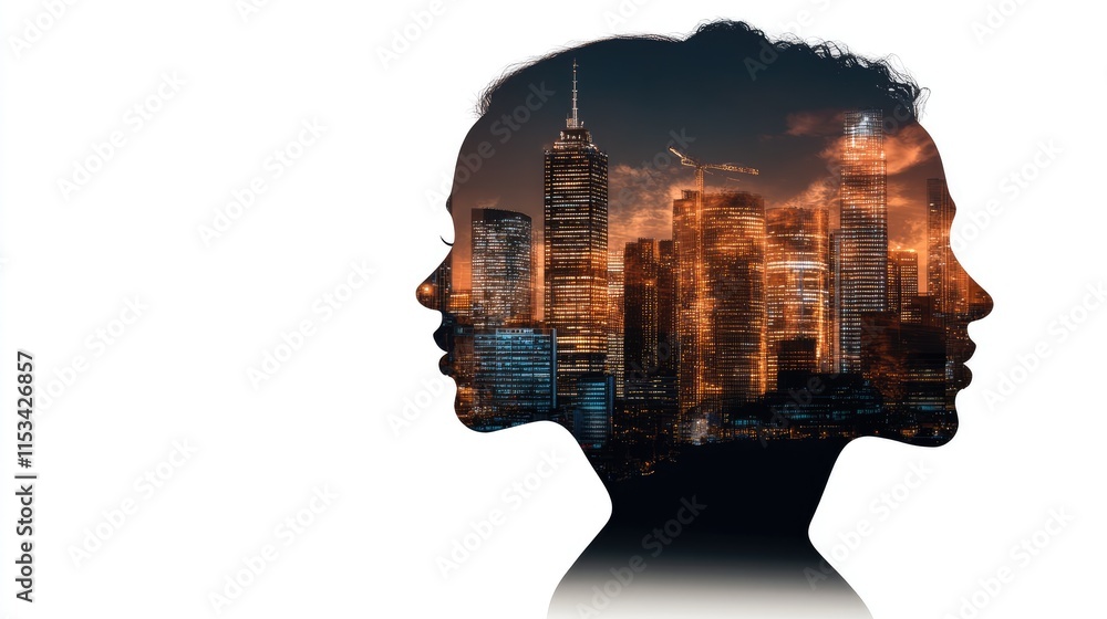 Aufkleber silhouettes of business people walking through a modern city, combined with digital graphs in a ligh