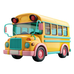 a yellow school bus with blue and pink accents