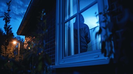Obraz premium A man in a black hoody peers into a lit residential building at night, creating a tense atmosphere. The image shows the dark sky and distant lights, capturing a nighttime setting.