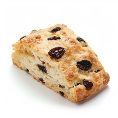 Single triangular scone featuring juicy raisins baked to golden perfection, resting on a pristine white backdrop