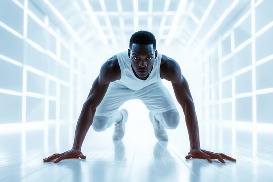 Determined black athlete doing push ups in futuristic gym setting - Powered by Adobe