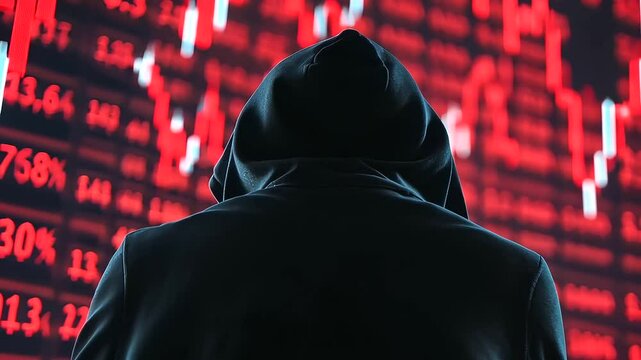 A hooded figure silhouetted against a screen displaying fluctuating stock prices, emphasizing digital manipulation and cybercrime