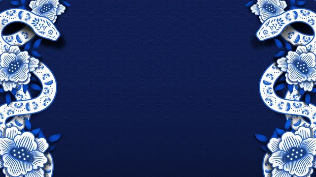 Chinese new year background for 2025 year of the snake motion graphic border design with copy space in white and blue color