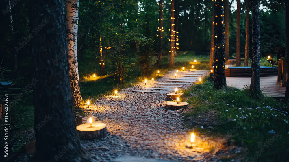 Poster serene forest path illuminated by soft lights, creating tranquil atmosphere. perfect for relaxation 